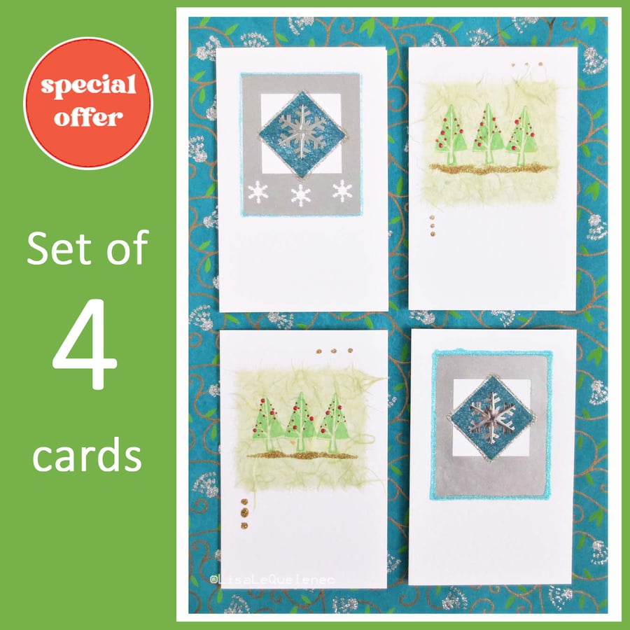 Four pack of handmade Christmas cards with trees and snowflakes (c)
