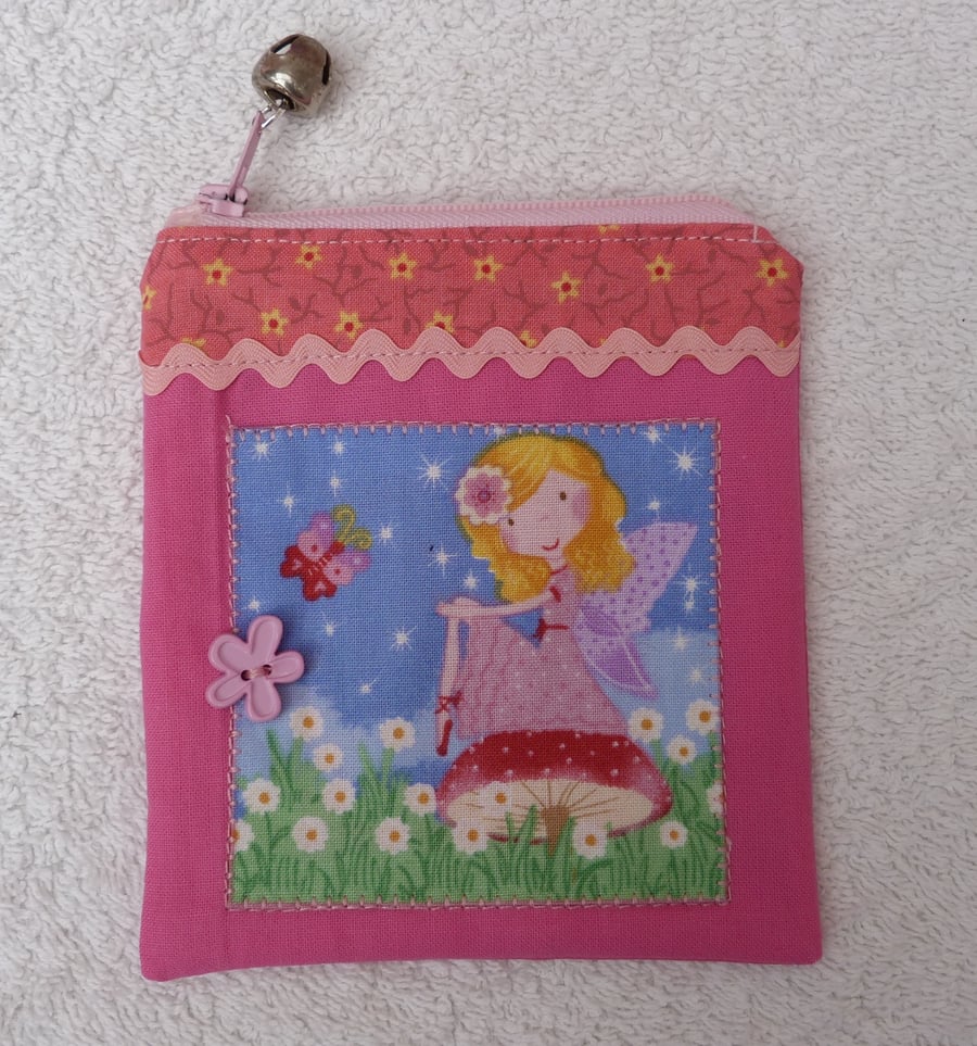 Pink Fairy Purse with zip and Bell. Fairy on a Toadstool.