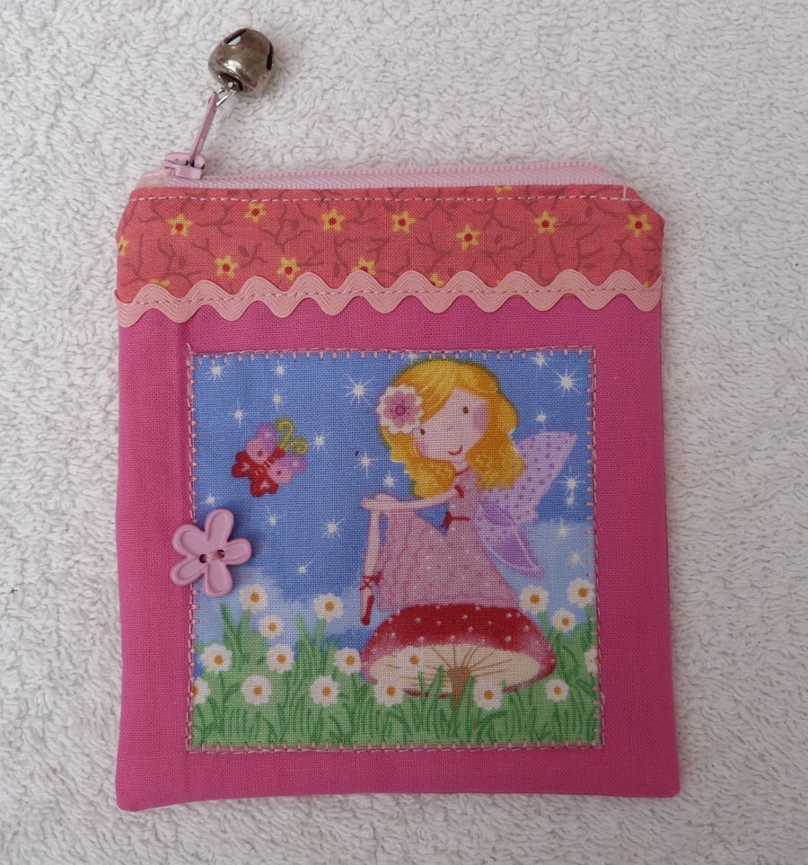 Pink Fairy Purse with zip and Bell. Fairy on a Toadstool.
