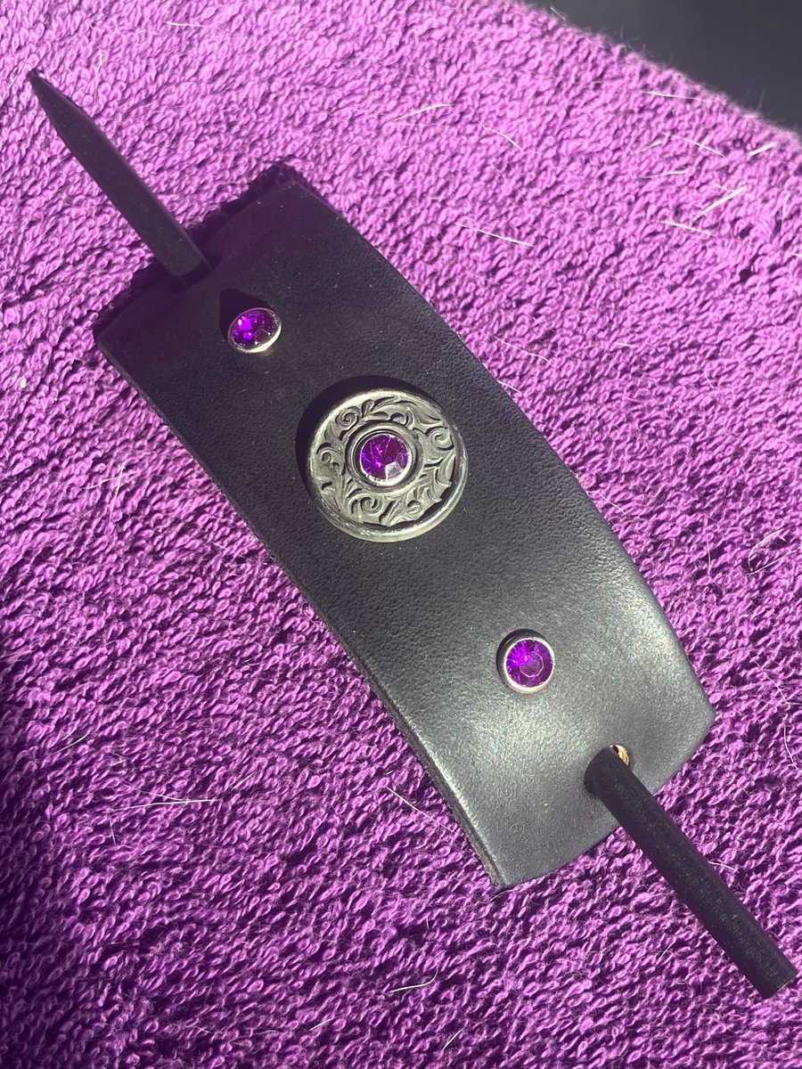 Dyed Black Leather Hair Stick Barrette - Florentine centre with 3 Purple Gems