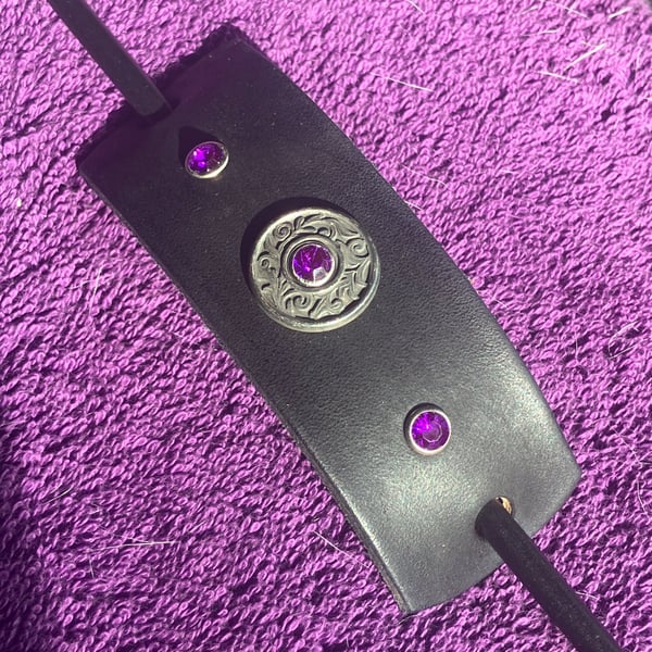 Dyed Black Leather Hair Stick Barrette - Florentine centre with 3 Purple Gems