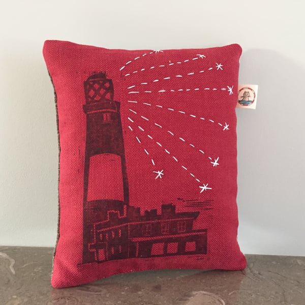 Red Dream Sleep Pillow with Lighthouse Print and Silver Embroidered Light Beams