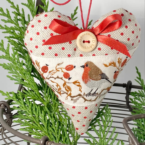 CHRISTMAS ROBIN HEART DECORATION - cream ribbon, dotty and mini-check