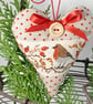 CHRISTMAS ROBIN HEART DECORATION - cream ribbon, dotty and mini-check - Image 1