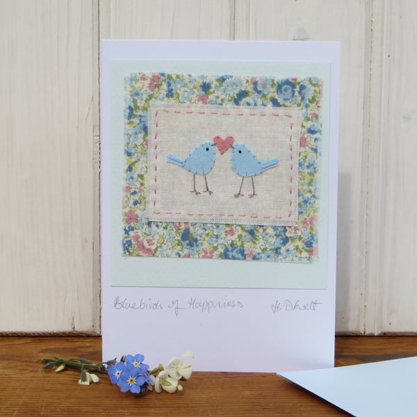 Bluebirds of Happiness hand-stitched detailed miniature, a card to keep