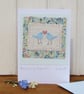 Bluebirds of Happiness hand-stitched detailed miniature, a card to keep