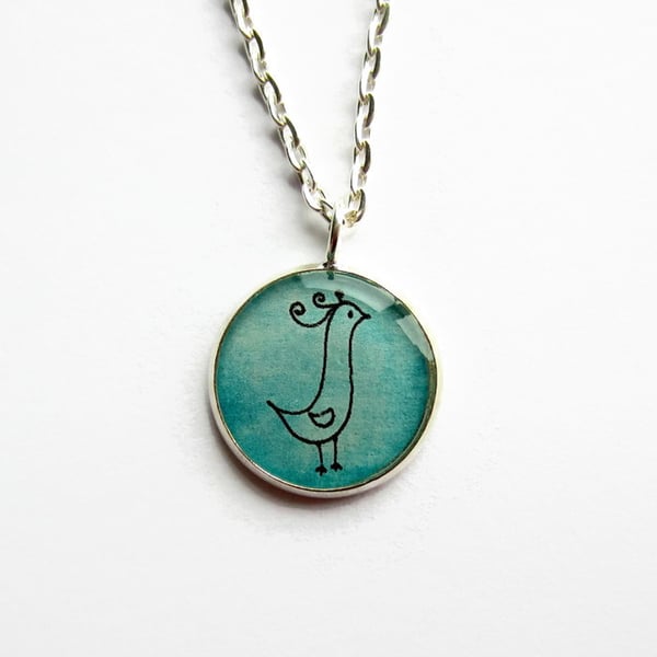 Small Turquoise Blue Bird Necklace, Quirky Doodle Art Bird Picture Pendant, 18mm