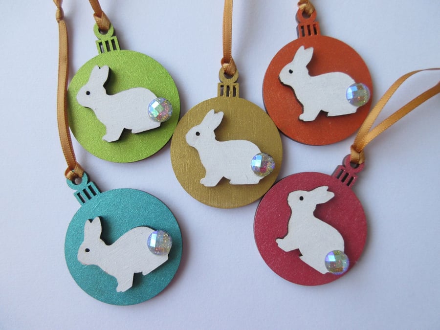 Bunny Rabbit Coloured Christmas Bauble Hanging Decorations 5 Beautiful Bundle