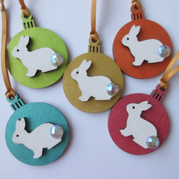 Bunny Rabbit Coloured Christmas Bauble Hanging Decorations 5 Beautiful Bundle