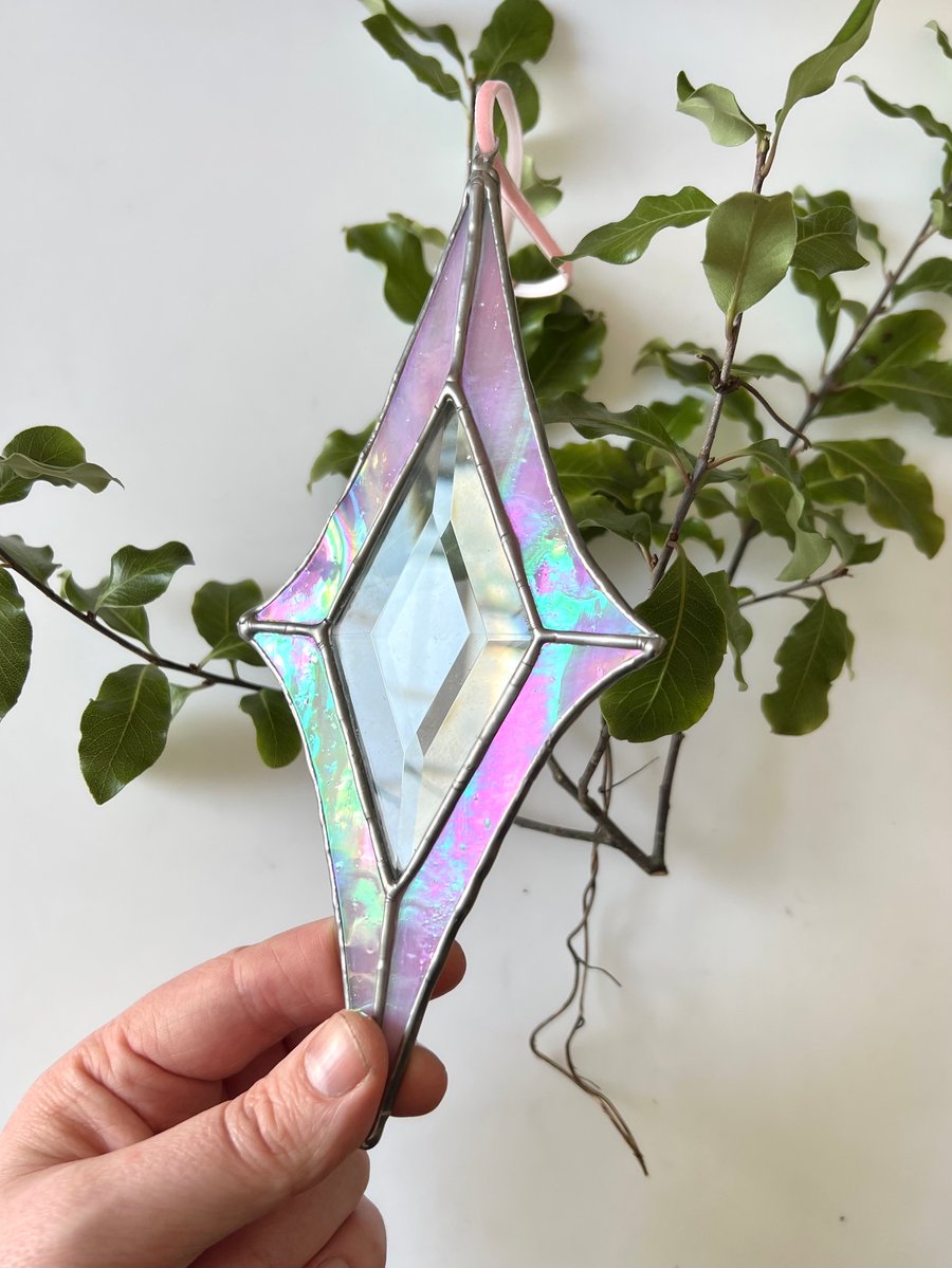 Iridescent Pink Stained Glass Suncatcher with bevel - perfectly imperfect
