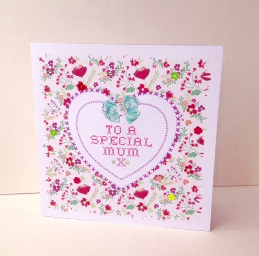 Greeting Card Mother's Day,Printed Floral Design,Handfinished Card