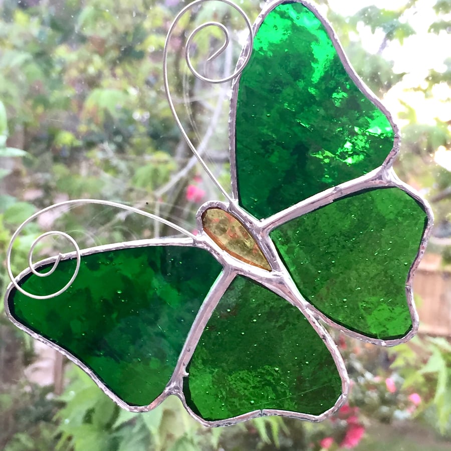 Stained Glass Butterfly Suncatcher - Handmade Decoration - Green  