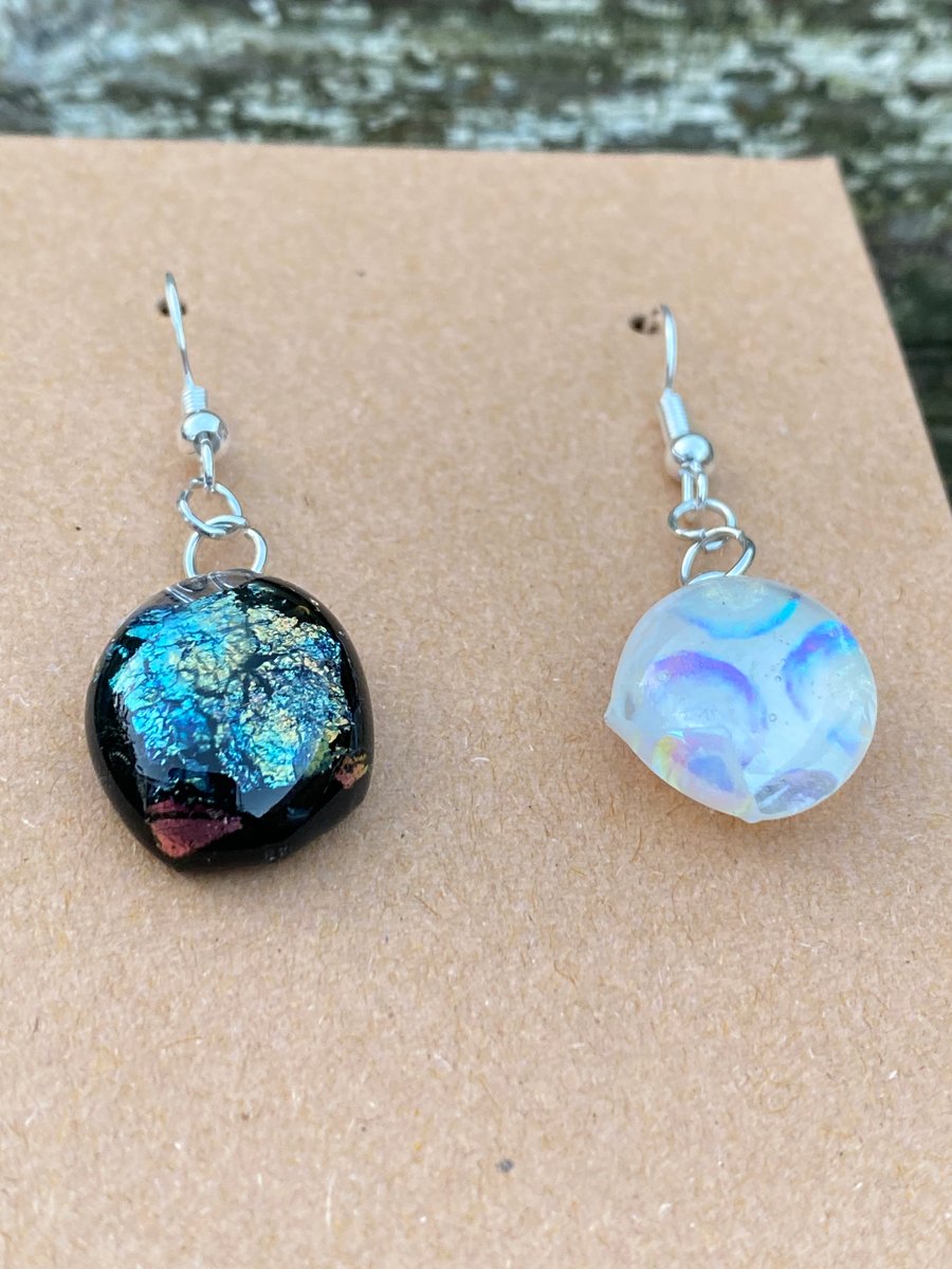 Black and White Fused Glass Asymmetrical Earrings 