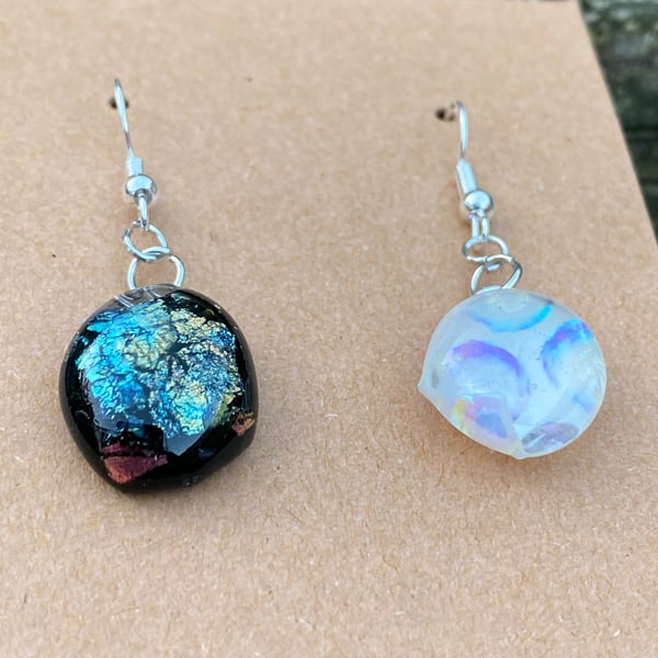 Black and White Fused Glass Asymmetrical Earrings 