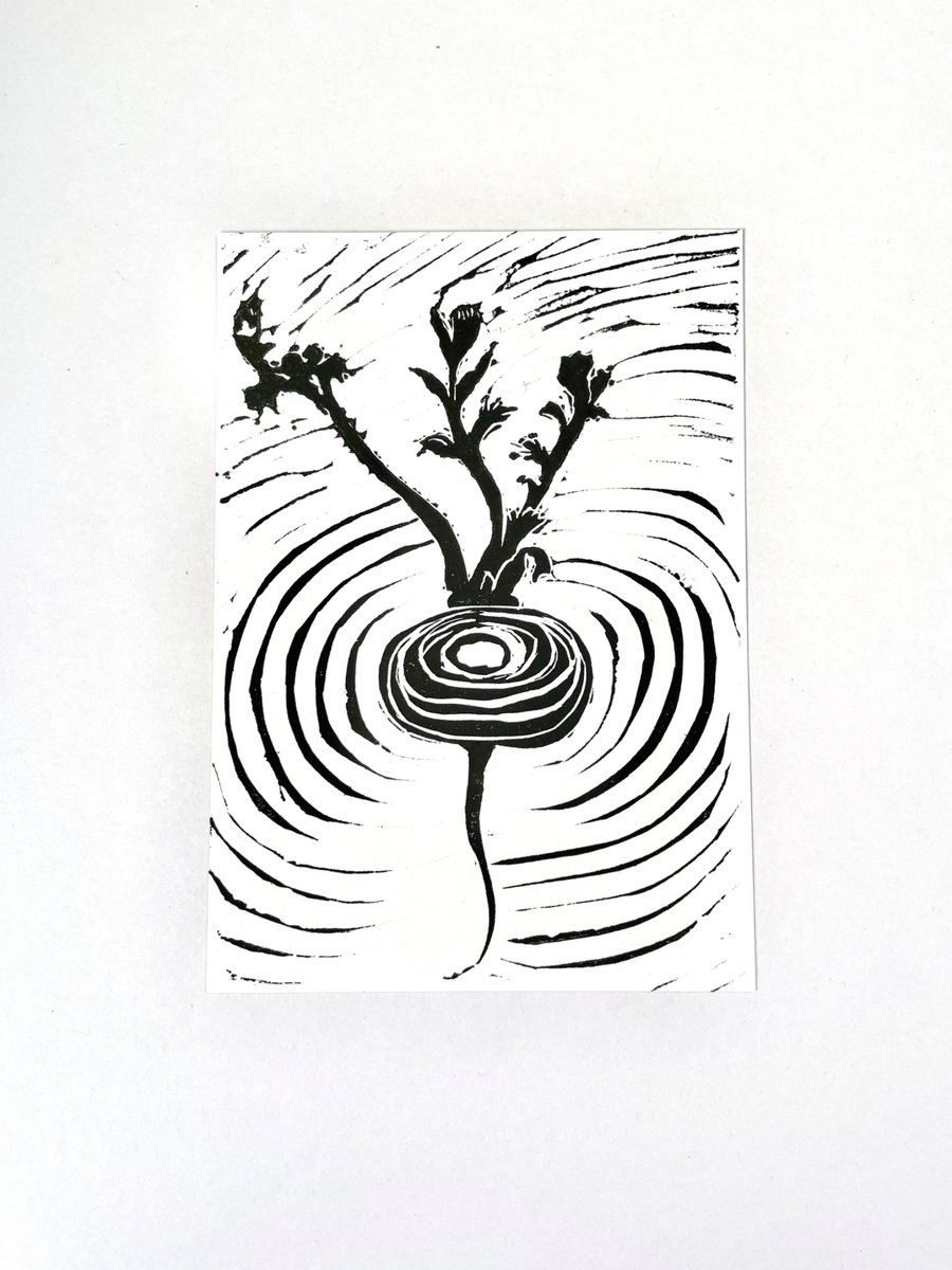 Handprinted Radish Lino Print, A6 size 