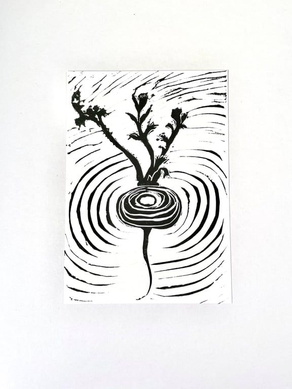 Handprinted Radish Lino Print, A6 size 
