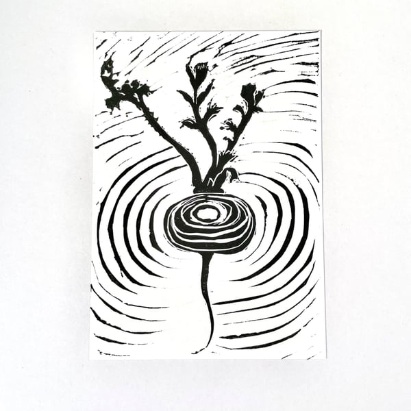 Handprinted Radish Lino Print, A6 size 