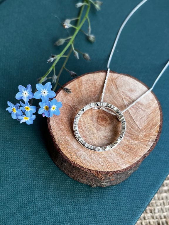 Large Sterling Silver Hammered Circle Pendant Necklace