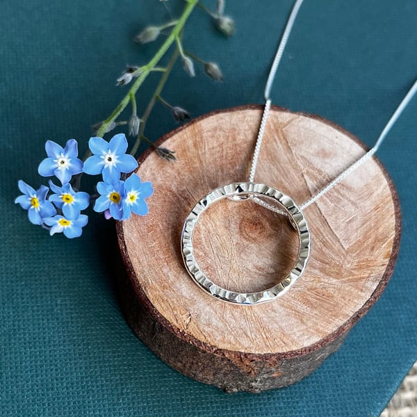 Large Sterling Silver Hammered Circle Pendant Necklace