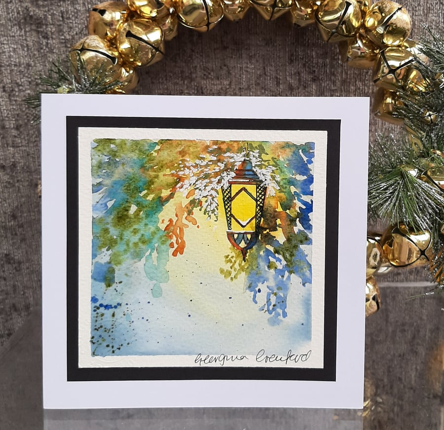 Blank Christmas Handmade Card. Lantern. Handpainted Card Keepsake
