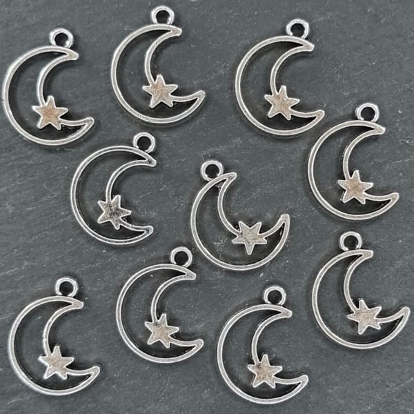 10 silver colour moon with silver star charms