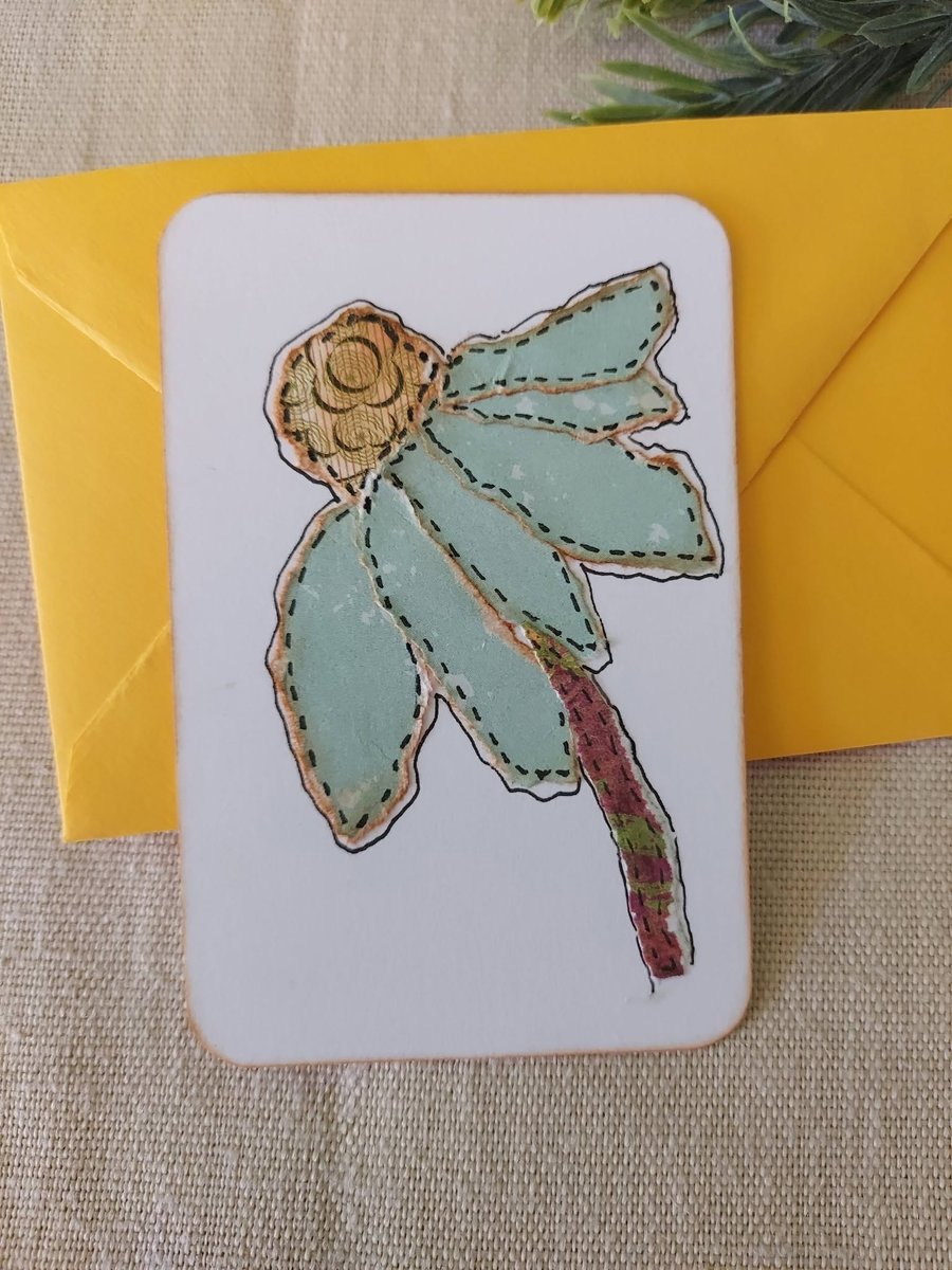 Handmade Flower Collage Notecard - Eco-friendly Flat Card (A6) - green