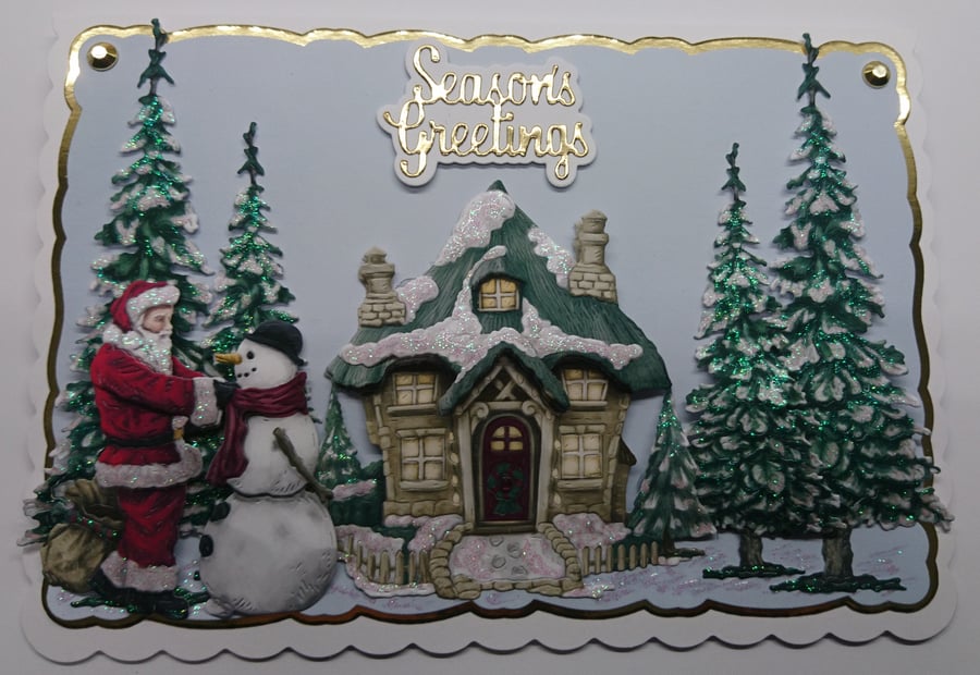 Christmas Card Santa Snowman Snowy House and Pine Trees 3D Luxury Handmade Card