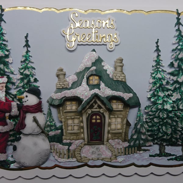 Christmas Card Santa Snowman Snowy House and Pine Trees 3D Luxury Handmade Card