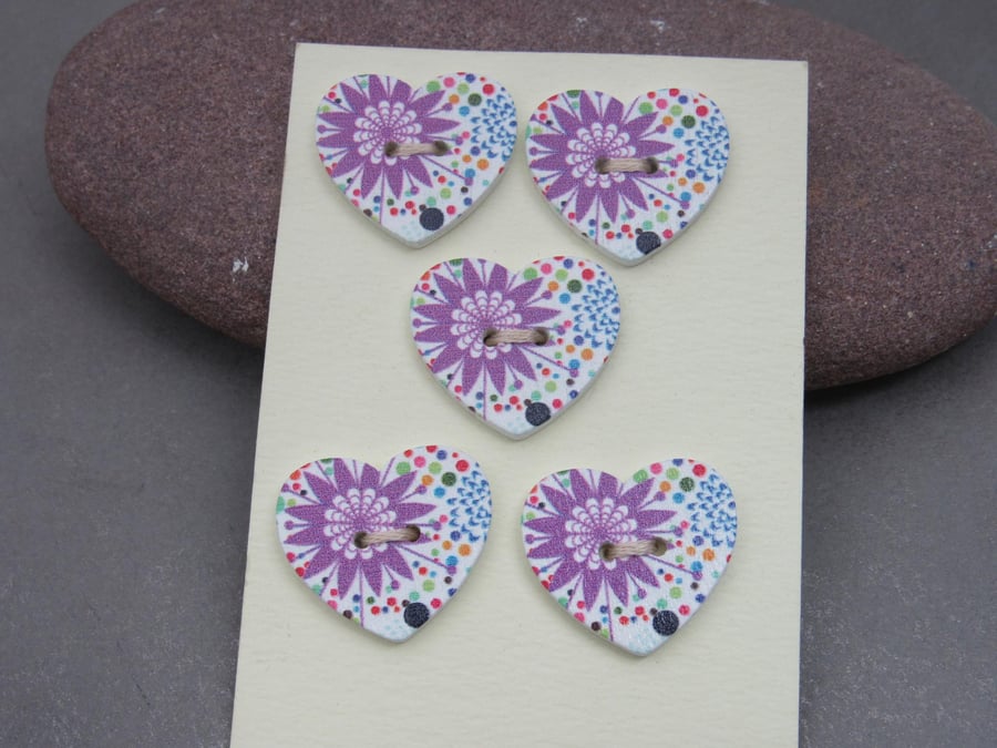 5 Medium Heart Shaped Wooden Craft Buttons