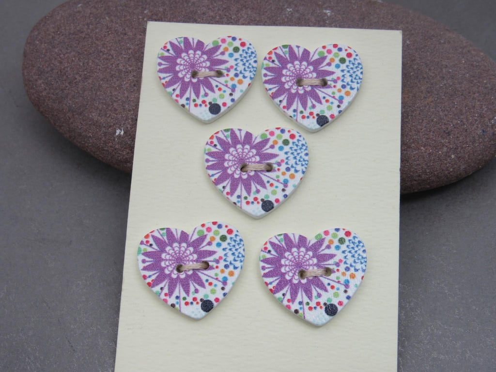 5 Medium Heart Shaped Wooden Craft Buttons