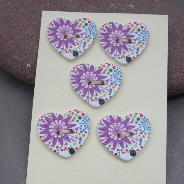 5 Medium Heart Shaped Wooden Craft Buttons