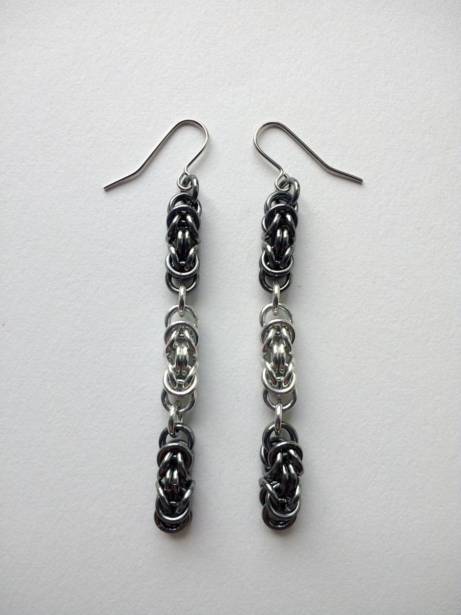 Byzantine Woven Chain Mail Triple Earrings, Anodised Aluminium