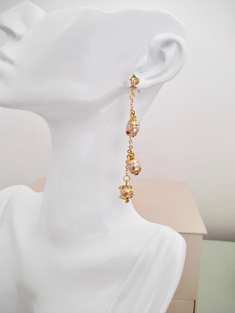 Gold Chain and Pearl and CZ Stone Dangle Earrings