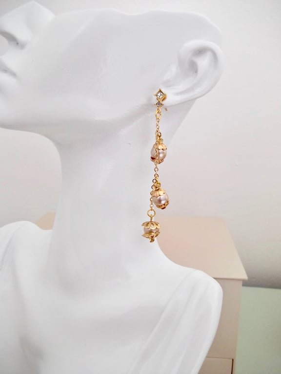 Gold Chain and Pearl and CZ Stone Dangle Earrings