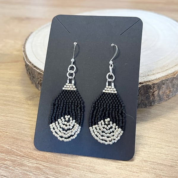 Black and silver beadwork teardrop earrings