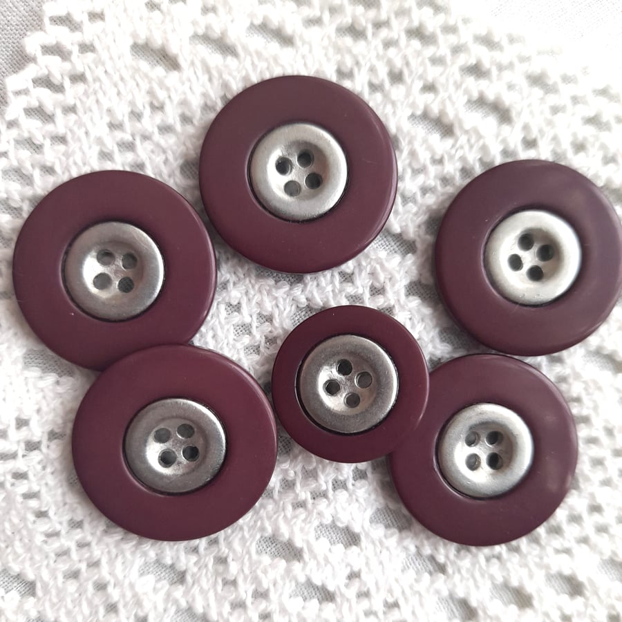 Burgundy and silver 4-hole flat buttons, vintage buttons