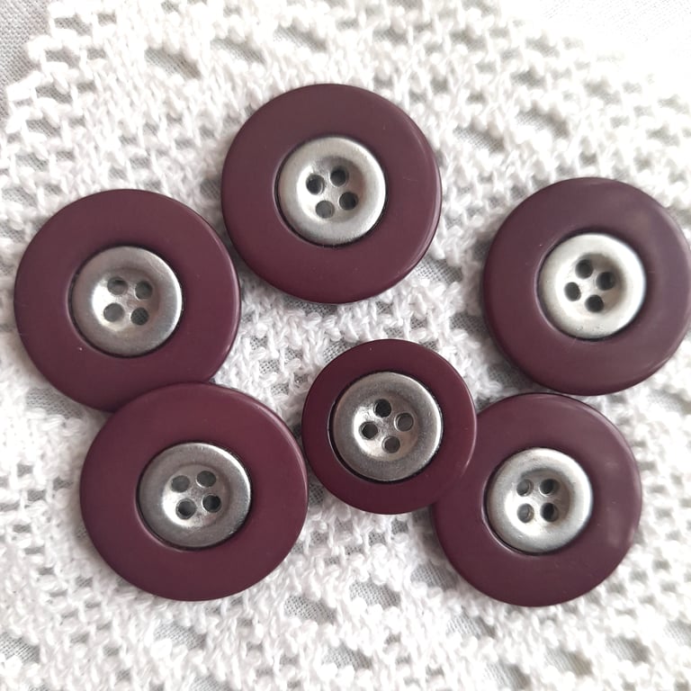 Burgundy and silver 4-hole flat buttons, vintage buttons