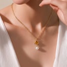 Four leaf Clover and Pearl Pendant Necklace - Gold Plated 
