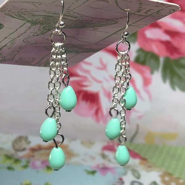 Cyan glass teardrop chain earrings 