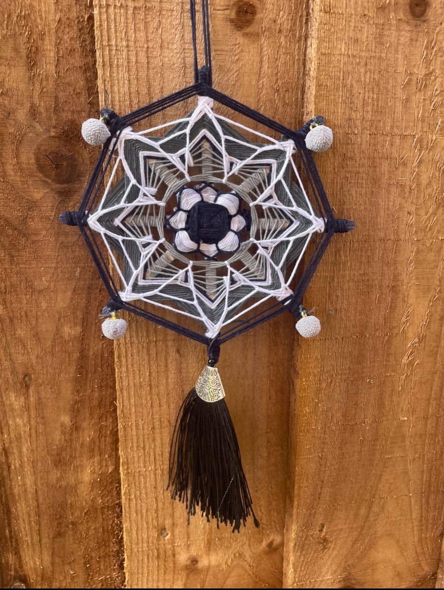 Small monochrome Ojo de Dios mandala dream catcher 