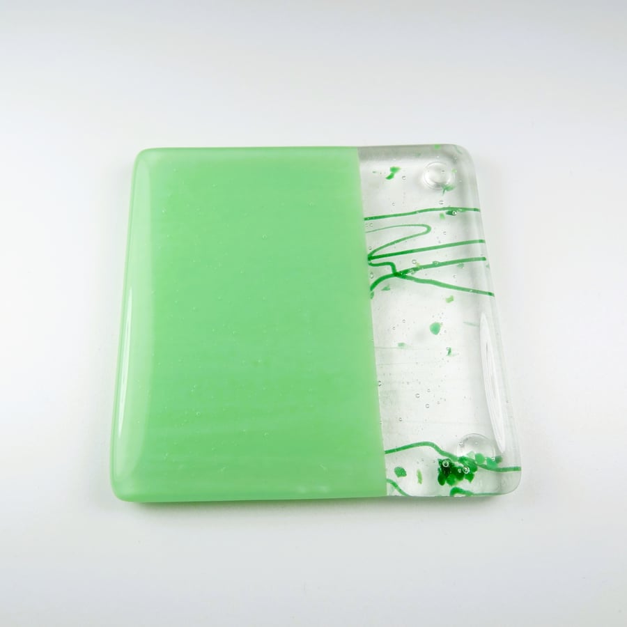Green collage fused glass coaster, 9cm, 6mm thick, handcrafted (0146)
