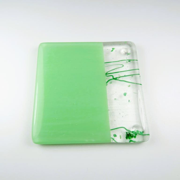Green collage fused glass coaster, 9cm, 6mm thick, handcrafted (0146)