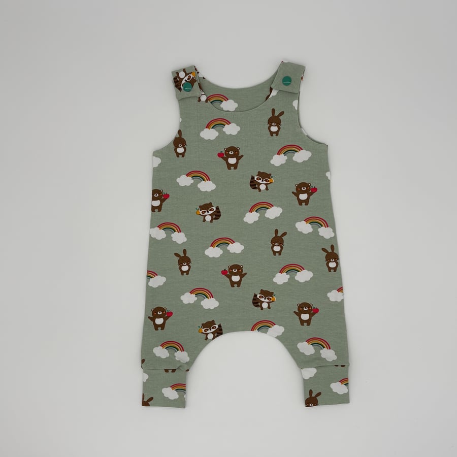 Bear, Rabbit, Racoon, Rainbow mint green handmade dungarees, Baby romper
