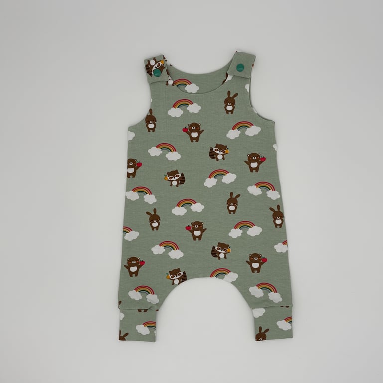 Bear, Rabbit, Racoon, Rainbow mint green handmade dungarees, Baby romper