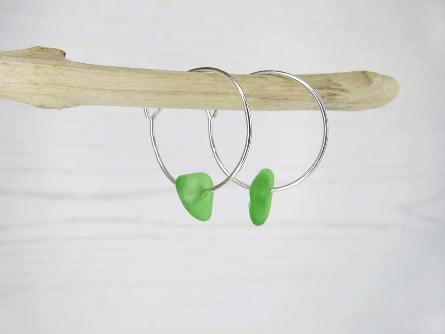 Cornish Sea Glass on 18mm Hoop Earrings - Apple Green