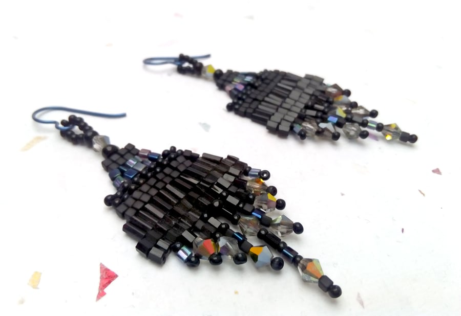 Art Deco style Statement chandelier earrings in black, pewter, blues and purples