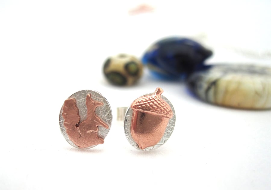 Wood Land Earrings Copper & Silver Acorn & Squirrel posts