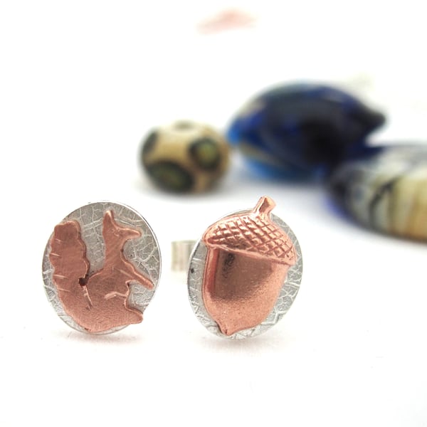Wood Land Earrings Copper & Silver Acorn & Squirrel posts