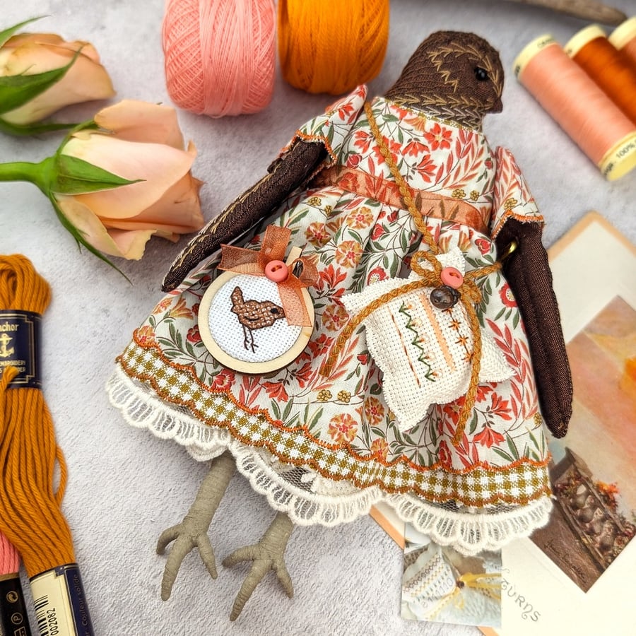 Floss,  A Tiny Hand Embroidered Wren Folk Art Doll