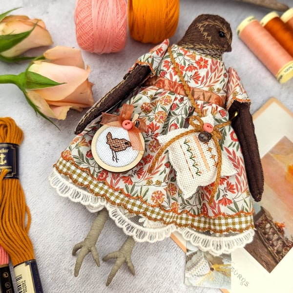 Floss,  A Tiny Hand Embroidered Wren Folk Art Doll